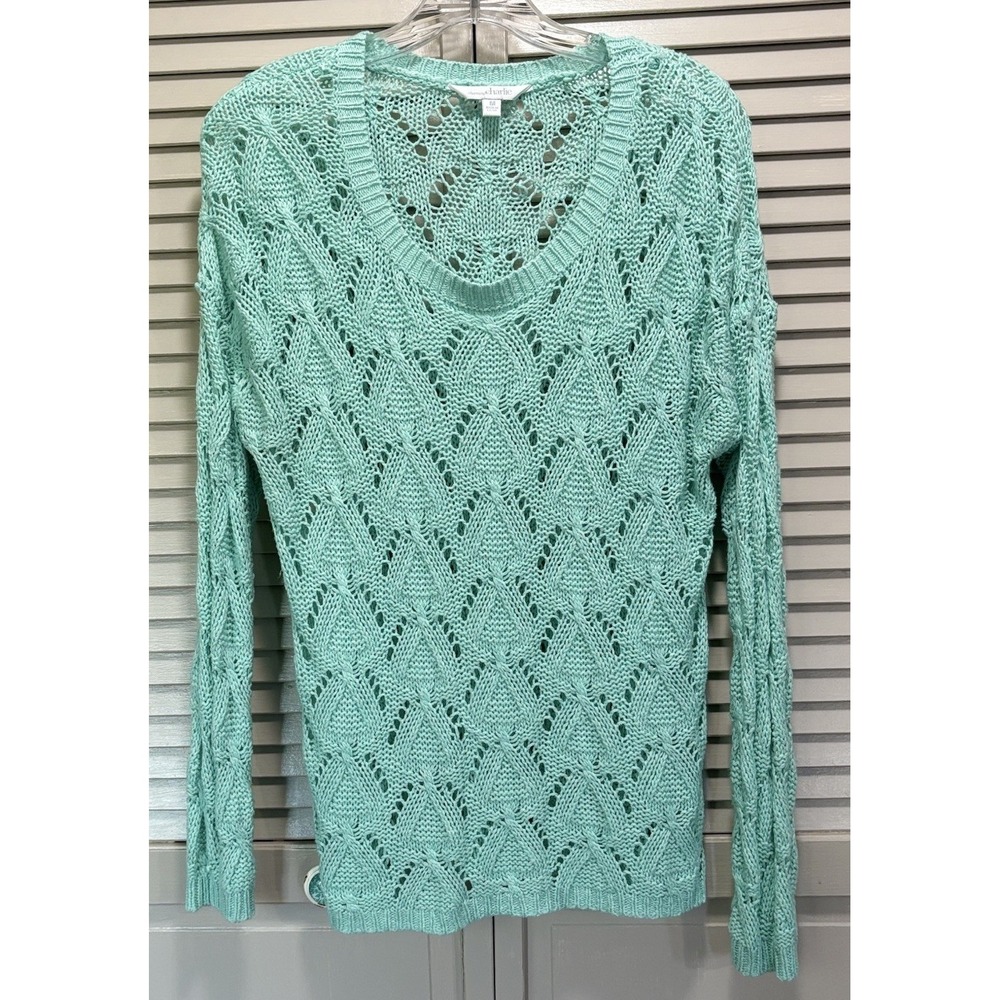 Charming Charlie Open Knit Sweater Scoop Neck Long Sleeve Size M Green